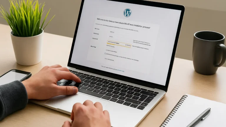 Osoba instalująca WordPressa na laptopie podczas tworzenia strony internetowej